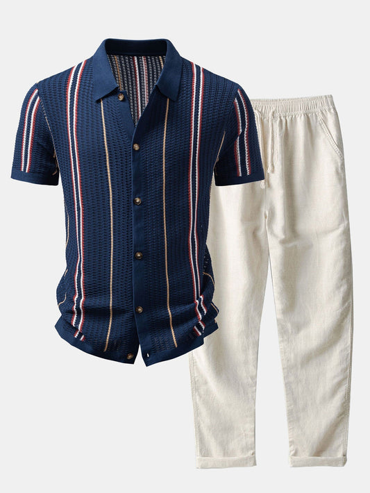 Stripe Crochet Button Up Shirt & Straight Leg Linen Pants