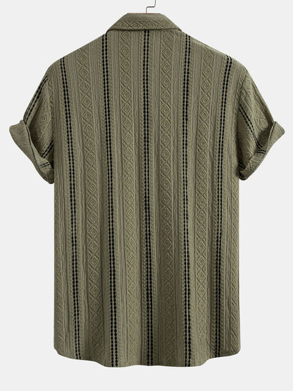 Geometric Striped Jacquard Button Up Shirt & Crinkle Textured Straight Leg Pants