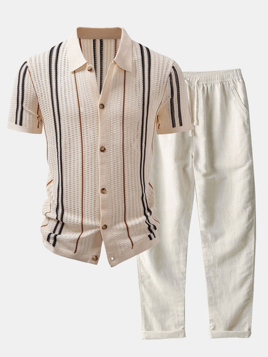 Stripe Crochet Button Up Shirt & Straight Leg Linen Pants