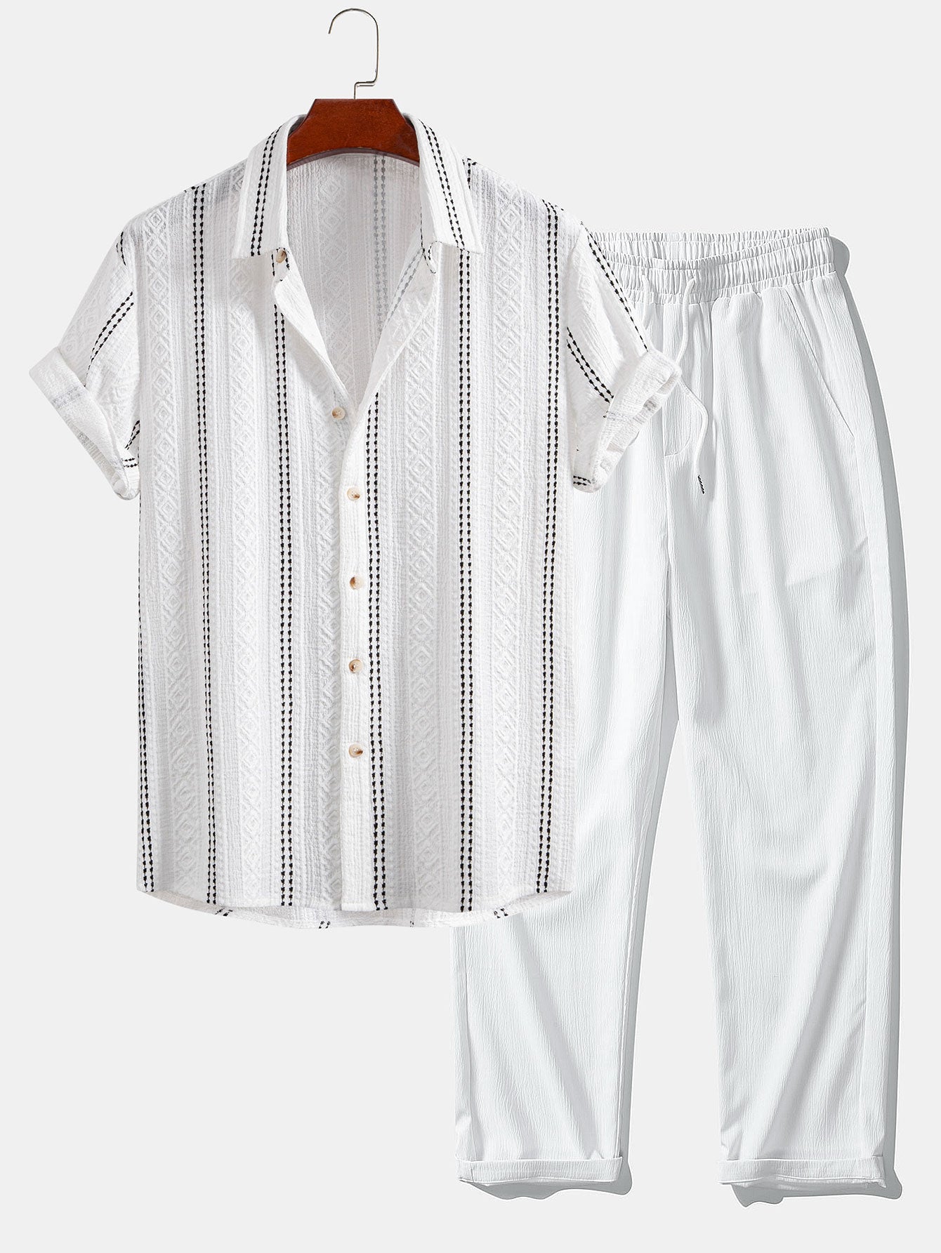 Geometric Striped Jacquard Button Up Shirt & Crinkle Textured Straight Leg Pants