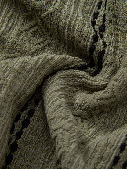 Geometric Striped Jacquard Button Up Shirt & Crinkle Textured Straight Leg Pants